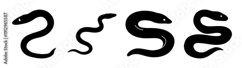 Black snake icons set in various poses, flat design vector illustration