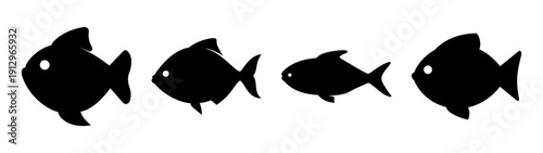 Piranha Fish Silhouettes Set, Black on White Background, vector illustration