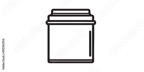 Black and white flat vector icon of a tea tin box, minimal outline style, single centered composition, isolated on white background, clean design.