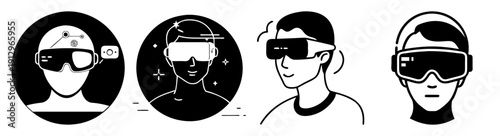 Futuristic augmented reality glasses set on diverse faces isolated black background