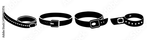 Set of black leather belts with silver buckles isolated on white background fashion accessories