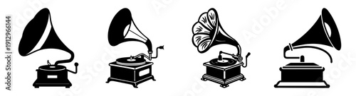 Vintage gramophone collection set black and white line art illustration retro music