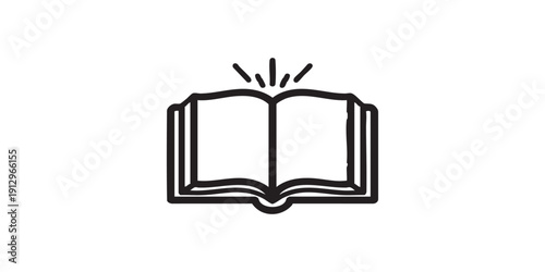 Black and white flat vector icon of an open Bible with glowing rays, minimal outline style, single centered composition, isolated on white background, clean design.
