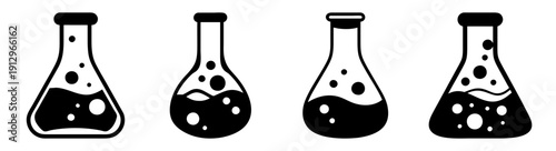 Four laboratory flasks with bubbling liquid in black and white minimalist science illustration