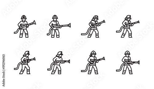Firefighter Icons Set With Hose, Line Art, Stock Media