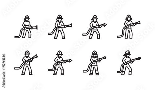 Firefighter Icon Set Spraying Water Hose Action Poses Vector Stock Media