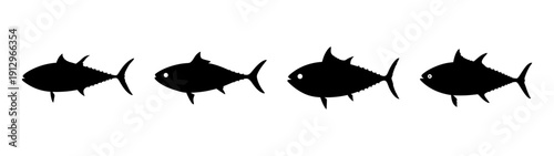 Tuna Fish Silhouettes in a Row, Simple Flat Design Vector Illustration