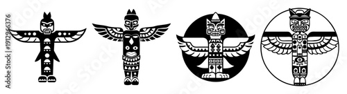 Tribal warrior totem icons set with eagle wings and cultural symbols isolated on white background