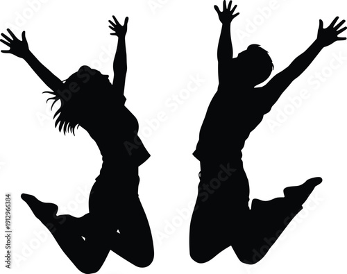 Black Silhouette Illustration of Two People Jumping with Raised Arms Depicting Celebration, Joy, Freedom, and Energetic Motion Concept 