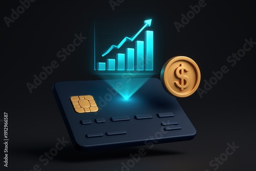 Fintech Credit Card with Hologram Growth Chart and Dollar Coin, Digital Payment Analytics and Revenue Performance Concept