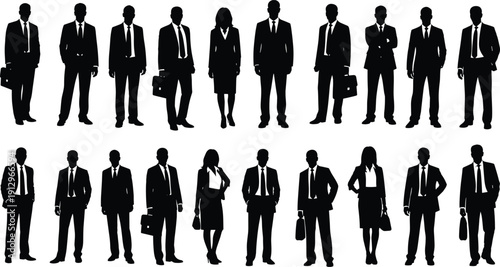 Business people silhouette vector collection featuring professional men and women with briefcase standing poses, corporate office team characters isolated for workplace lifestyle illustration design