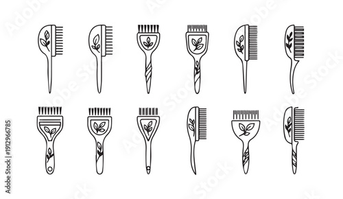 Hair Dye Brushes and Combs Collection with Leaf Motifs - Line Art Stock Icons