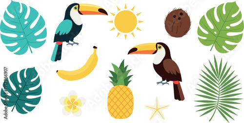 Tropical summer elements set with toucans, pineapple, banana, sun, palm and monstera leaves, coconut, and beach symbols in colorful vector style
