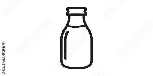 Black and white flat vector icon of a vintage milk bottle, minimal outline style, single centered composition, isolated on white background, clean design.