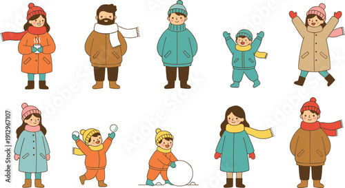 People in Warm Coats, Scarves, and Beanies Playing in the Snow, Snowball Fight, and Cozy Outdoor Activities Vector