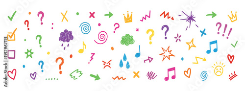 Hand-drawn doodles and sketches creating a vibrant seamless pattern. Featuring various symbols including arrows. Musical notes. Hearts. Stars. Question marks. And weather icons