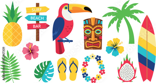 Tropical summer vacation icons set with surfboard, pineapple, toucan, tiki mask, flip flops, flowers, palm tree, and beach elements