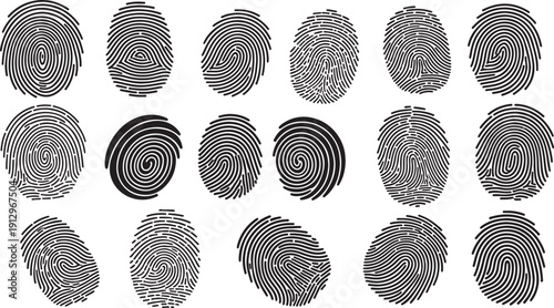Collection of unique fingerprints on white background closeup details