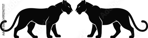 Black silhouette illustration of two mirrored panthers facing each other, symbolizing strength, wildlife, confrontation, reflection, duality, and artistic animal design.
