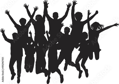 Happy jumping people silhouette group, celebration teamwork success concept, energetic friends crowd vector illustration isolated on white background