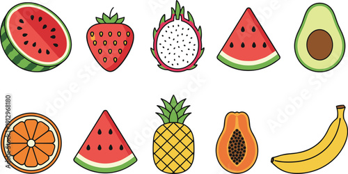 Colorful Flat Illustrations of Watermelon, Dragon Fruit, Avocado, Pineapple, Papaya, and Banana