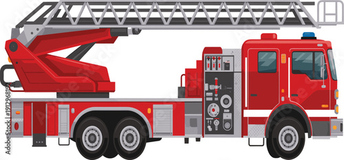 Red fire truck ladder illustration, firefighting emergency rescue vehicle, fire engine equipment, urban safety, first responder, vector design, isolated background