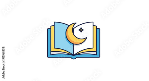 Open Book with Moon Symbol Illustration.