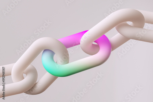 Bild auf Leinwand Abstract 3d rendering chain links with one vibrant rainbow holographic link on light background