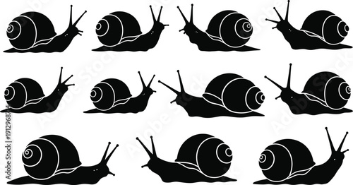 Set of twelve snail silhouettes with spiral shells and extended antennae for biology, nature, and design themes