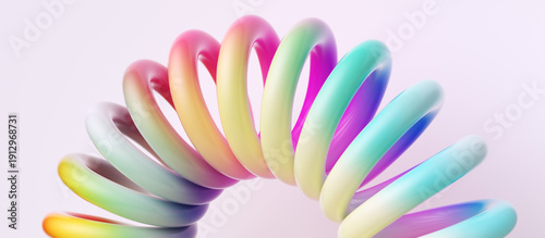 Photos 3d rendering of curved spring or slinky shape with pastel rainbow gradient on light background