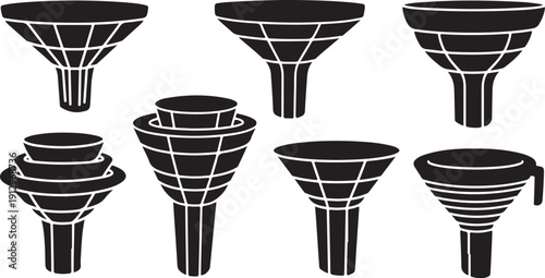 Collection of black funnel shapes with white lines illustration