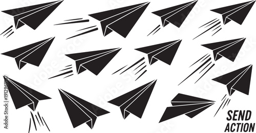 Black paper airplanes flying fast with send action message
