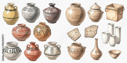 Collection of ancient earthenware and ceramic pots, vases, and vessels with traditional patterns and textures.