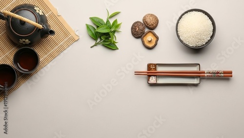 Asian Cuisine Ingredients: Rice, Tea, Mushrooms, and Chopsticks Arrangement