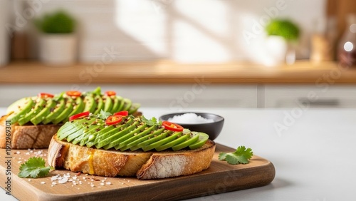 Avocado Toast with Chili and Cilantro on Wooden Board
