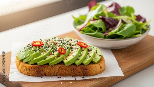 Avocado Toast with Chili and Sesame Seeds Served Alongside a Fresh Salad