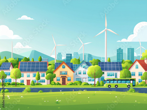 Green Smart City with Electric Bus and Renewable Energy Residential District.