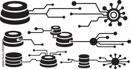 Black and white illustration of connected circuit board components