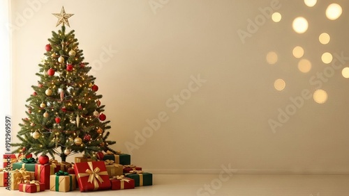 Decorated Christmas Tree with Wrapped Presents in a Warm Interior Setting