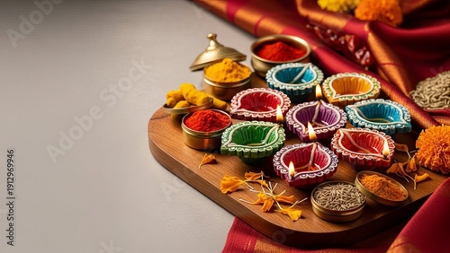Diwali Diyas and Spices Displayed for Indian Festival Celebration