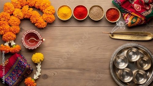 Diwali Celebration Setup With Oil Lamp Flowers Spices And Incense On Wooden Surface