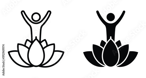 Minimalist icon set of human figure in lotus flower representing spiritual growth
