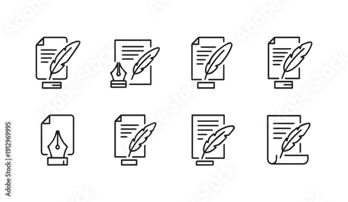 Writing Icons Set: Quill Pen and Ink Pen on Paper Document Illustrations