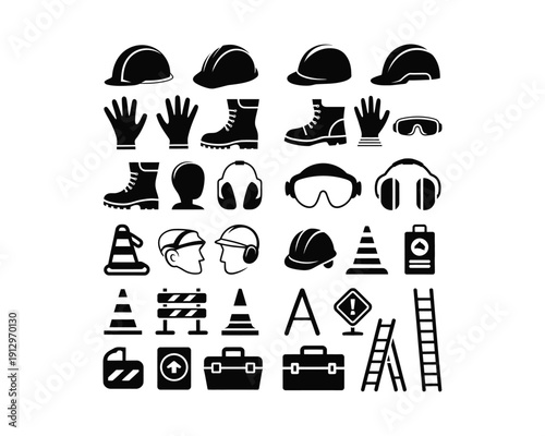 construction, site equipment, safety helmet, protective gloves, boots, safety goggles, hearing protection, Traffic cone, Construction barrier, Warning sign, Tool box, silhouette vector design set
