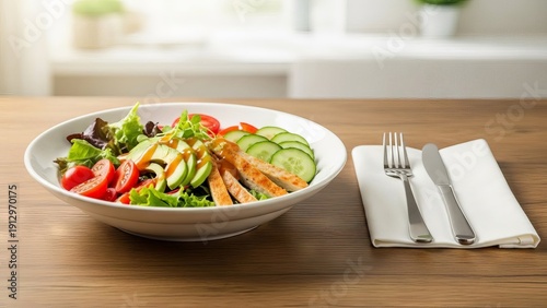 Fresh Chicken Salad with Cucumber and Tomato on Wooden Table