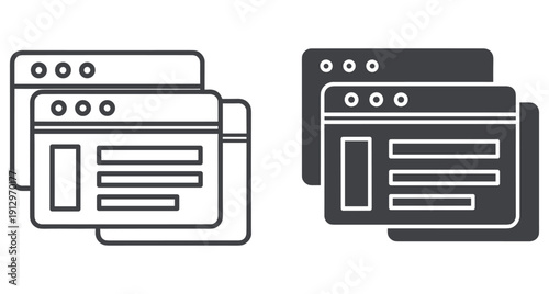 Multiple internet browser windows displayed in linear and filled vector icon formats