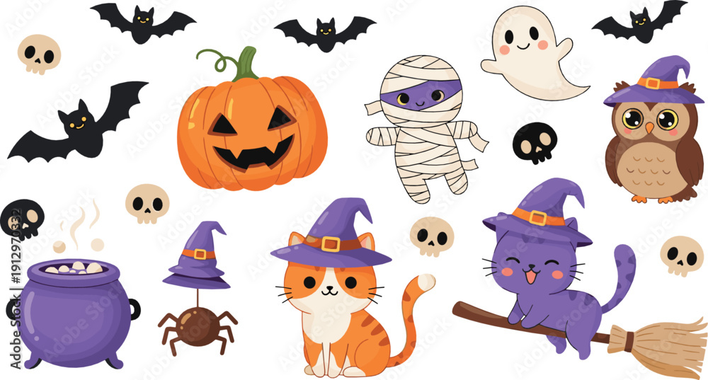 Obraz premium Cute halloween characters set with pumpkin ghost mummy bat witch animals and spooky elements playful cartoon vector illustration for kids and seasonal designs