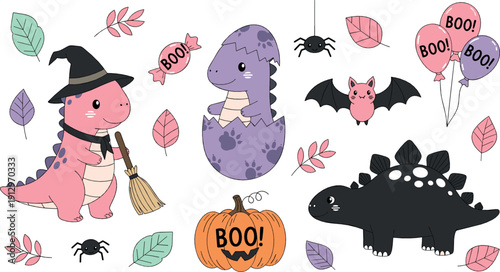 Cute Halloween dinosaur illustration set with pumpkins, bats, spiders, witch hat, balloons, and spooky pastel elements for kids and festive designs