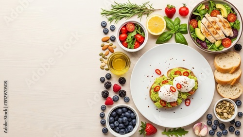 Gourmet Breakfast Spread with Avocado Toast and Fresh Berries