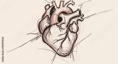 Anatomical heart sketch illustration on neutral background for medical concepts